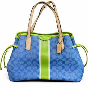 Coach Blue Signature Stripe Tote Bag Lime Green Trim Y2K Purse
